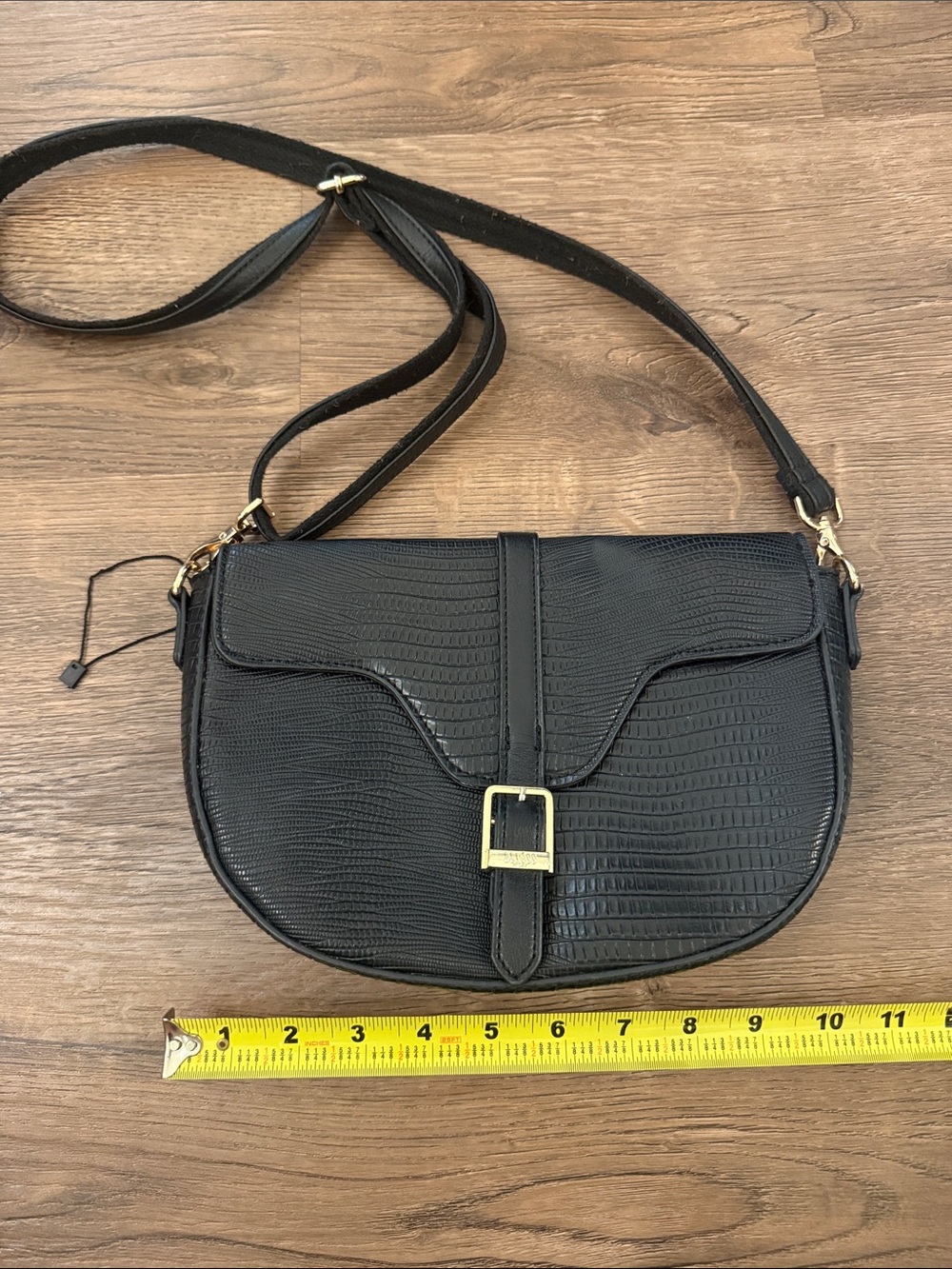 Benoss Milan Textured vegan Black Crossbody Bag with Gold Buckle